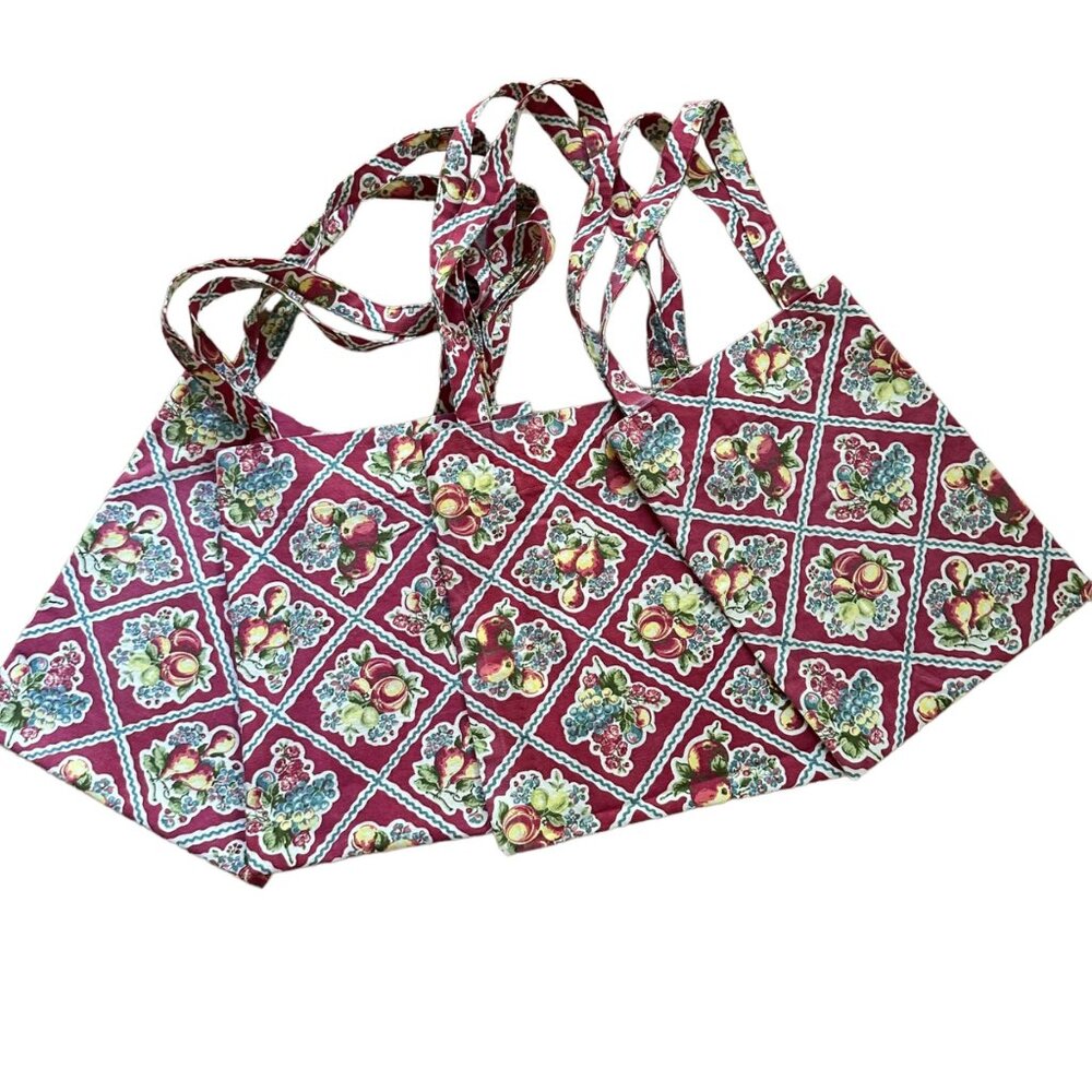 Side Eye Bird Handmade Tote Bag Fruit Print Floral Muted Red Canvas Market